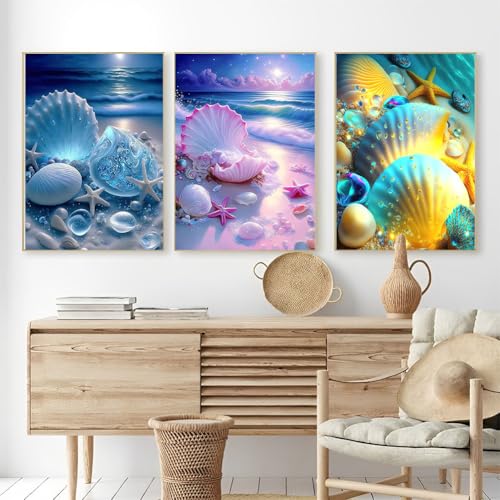 OFRKE Diamond Painting Kits for Adults,3 Pack Beach Shells Diamond Art for Beginners, Diamond Round 5D Full Drill Paint with Diamonds Pictures Gem Art Painting Kits DIY Crafts Kits 12x16inch - color: 3pcs-Shell