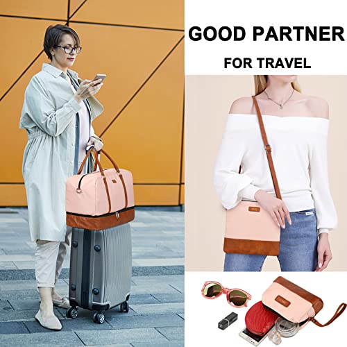 IBFUN Weekender Bags for Women, 21" Weekender Travel Bag, Travel Duffle Bag with Shoe Compartment Carry on Overnight Duffel Bag for Weekend Travel Business Trip, 3PCS - color: B3-Polyester-Pink