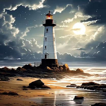 KTHOFCY 5D DIY Beach Landscape Diamond Painting Kits for Adults,Lighthouse Landscape Full Drill Embroidery Cross Stitch Crystal Rhinestone Paintings Arts Wall Decor Painting Dots Kits 13.7X13.7 inch