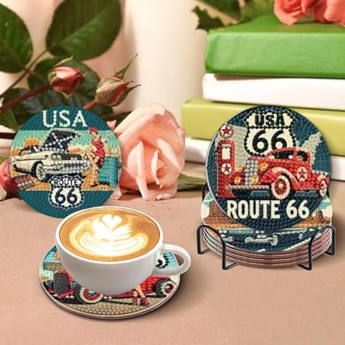 Mrnsiet 8 Pcs Car Diamond Art Coasters Kits for Adults, Highway Landscape Diamond Painting Coaster with Holder, Non Slip Hardwood Bases Coaster Set Gift for Beginners 4x4 Inch - color: BDWY195