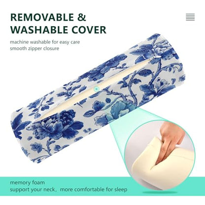 Bolster Pillow Neck Pillow Round Soft Health Memory Foam Pillows Long Cylindrical Body Pillow with Removable Cover Cute Back Yoga Blue and White Flowers Leaves 17" x 5.5" - color: Blue and White Flowers Leaves