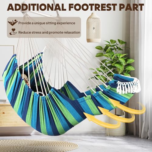 Chihee Hammock Chair Foot Rest 2 Cushions Max 485 lbs Metal Spreader Bar | Robust Hanging Chair Soft Cotton Blended Swing Collapsible Easy Storage Strong Strap Iron Carabiner Pocket Indoor Outdoor - color: Blue/Green Stripes