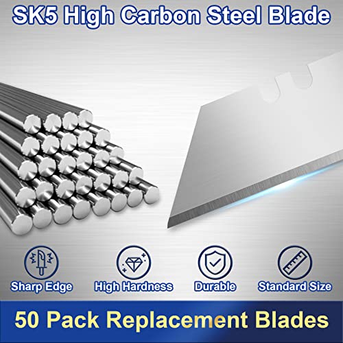 Utility Knife Blades, 50 Pack Heavy Duty Box Cutter, SK5 Blades | High-carbon steel cuts cardboard, leather and roofing, utility blades fit standard knives, with razor blades stored safely - size: 50 Pack