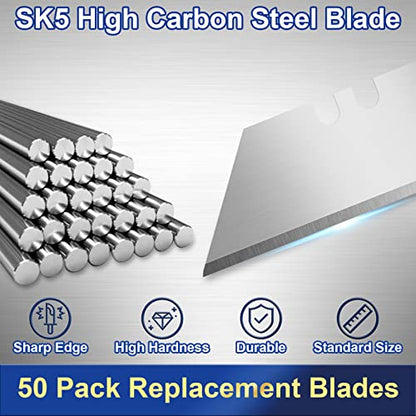 Utility Knife Blades, 50 Pack Heavy Duty Box Cutter, SK5 Blades | High-carbon steel cuts cardboard, leather and roofing, utility blades fit standard knives, with razor blades stored safely - size: 50 Pack