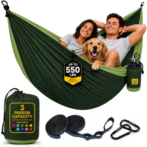 Durable Hammock 550 lb Capacity, Nylon Camping Hammock Chair - Double or Single Sizes w/Tree Straps and Attached Carry Bag - for Travel/Backpacking/Beach/Backyard (X-Large, Forest Green & Lima Green) - color: Forest Green & Lima Green, size: X-Large