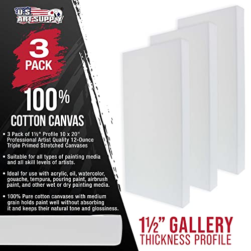 U.S. Art Supply 10"x20" Stretched Canvas for Painting, Gallery Depth 3-Pack | Rectangle, 1-1/2" Thick - 12oz Acrylic Gesso Triple Primed, Professional Artist Quality, 100% Cotton - Oil, Pouring Paint - size: 10" x 20"