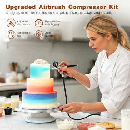 Airbrush Kit with Air Compressor,25-48 PSI Airbrush 3 Nozzles &Cleaning Set | High Pressure Air Brush Non-Clogging with 0.2/0.3/0.5mm Nozzle for Painting,Model,Nails,Cake Decorating,Makeup,Crafts