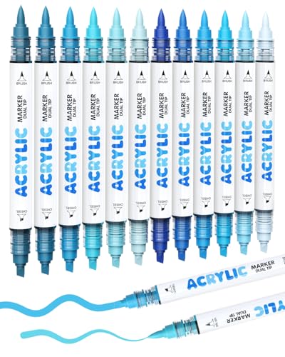 Guangna 12 Blue Dual Tip Acrylic Paint Markers, Brush Tip & Chisel Tip Acrylic Paint Pens for Pumpkin Paint, Rock, Wood, Glass, Paper, Coloring Book, Ceramic, Canvas, Water-Based Ink - color: Blue
