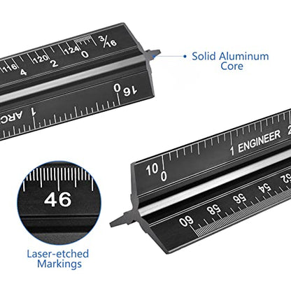 Architectural and Engineering Scale Ruler Set, Imperial Measurements 12'', Black Laser-Etched Aluminum Architect Triangular Ruler for Architects, Students, Draftsman, and Engineers | Black, Laser-Etched Aluminum Architect Triangular Ruler for Architects,
