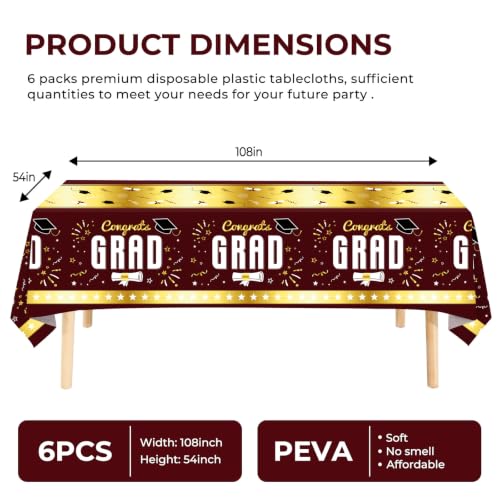 6 Pack Disposable Plastic Tablecloth 54" x 108" Burgundy Class of 2026 Grad Party Table Cloths Disposable for 6 to 8 Foot Tables Graduation Party Indoor or Outdoor (Graduation Burgundy) - color: Graduation Burgundy
