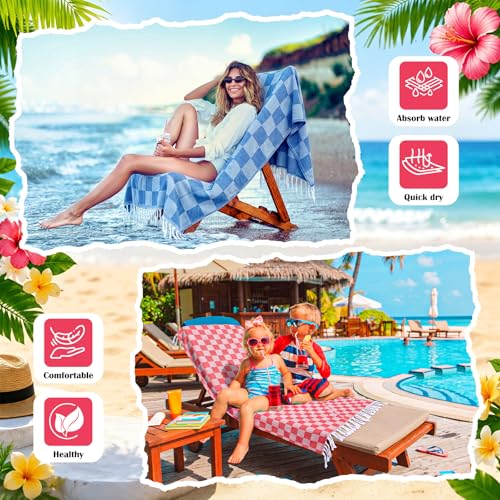 Peryiter 16 Pcs Oversized Cotton Turkish Beach Towels with Storage Bags - Quick Dry, Sand-Free, Lightweight, Checkerboard 35x71 Inch Towels for Pool, Beach, Yoga, Camping, Spa