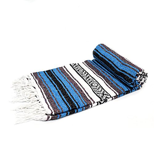 Open Road Goods Bright Blue Mexican Blanket - Authentic Serape Falsa Blanket - Handmade (Acrylic Blend, XL) - color: Bright Blue