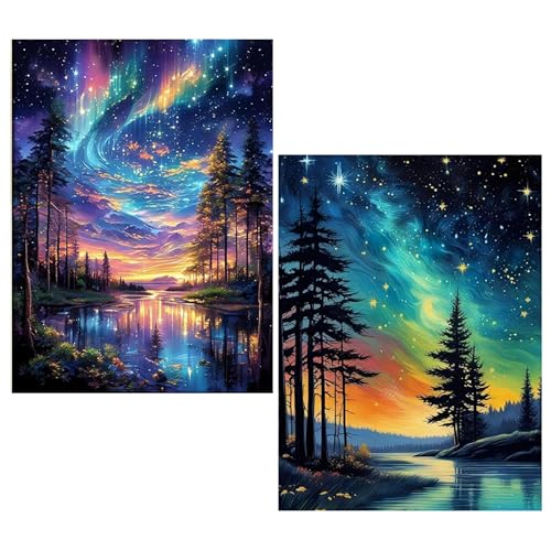KUFWKEY 2 Pack Starry Sky Diamond Art Kits for Adults, 5D Aurora Lake Diamond Painting Kits for Beginners, Fantastic Landscapes Diamond Dots,DIY Diamond Mosaic Art,Gem Art for Home Decor 12 x 16 Inch - color: AM601602
