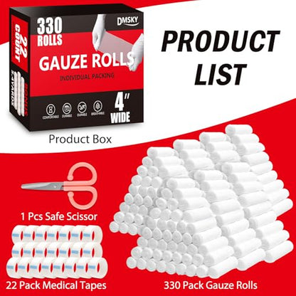 DMSKY 330 Pack Gauze Rolls, 4 in x 4.1 Yards | Individually Wrapped Gauze Wrap Roll for Wounds, Premium Rolled Gauze Bandage Wrap, Mummy Wraps - color: 330pack, size: 4 IN