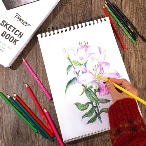 Fingraspuro 9x12 Top Spiral Sketchbook, 160 GSM, 100 Sheets, Hardcover | 108 lb acid-free hot press paper, micro-perforated sheets, for pencil, charcoal, gouache, wet and dry media