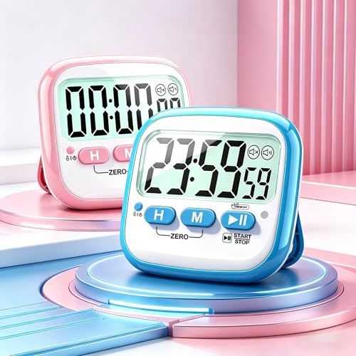Antonki 2 Pack Classroom Timers for Kids Teachers, Magnetic Countdown Digital Kitchen Timer for Cooking, Study, Exercise, Games, Time Mangement - Loud/Silent Mode - Battery Included - color: 2* Sky Blue & Pink