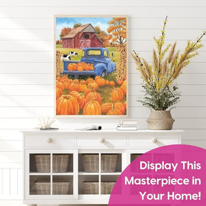 Modern Merch Truck Diamond Art Kits for Adults Fall Pumpkin Patch, Autumn Landscape Farm 5D Diamond Painting for Adults Dog and Truck, DIY Fall Wall Art Cross Stitch Gem Art, Full Round Drill 12x16in - color: Pumpkin Patch