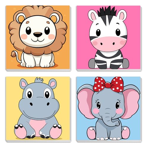 MXJSUA 4 Pack Lion Zebra Animals Paint by Numbers Kit with Framed Canvas for Kids, Hippo Elephant By Number Painting Kits for Ages 6-12 Kids, Acrylic Oil Paint by Number Kits for Beginners 8x8 Inch - color: Animal-F