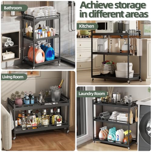 2 Tier Expandable Rolling Cart with wheels, pantry organizers and storage - size: 2 Tier(Black)