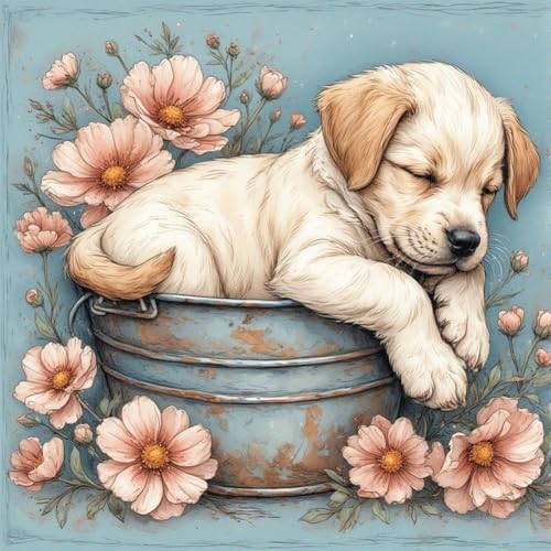 WSLWXSHM Dog and Flower Diamond Art Painting Kits for Adults, Animal Round Full Drill Diamond Art Kits, 5D DIY Paint with Diamonds Crafts for Home Wall Decoration Gifts 12×12Inch - color: Dog G