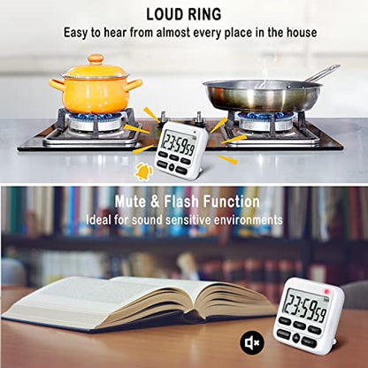 4-in-1 Digital Timer with Count Up/Down, Clock & Alarm, Ring & Silent Modes - color: White
