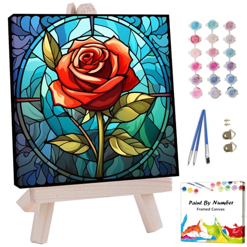 Artunion Framed Paint by Numbers Kit for Adults Beginners & Kids Ages 8-12,Red Rose Flower Paint by Number with Frame, Stained Glass Paint by Numbers Kit on Canvas 10 * 10 Inch Without Easel - color: ZXT-243-F
