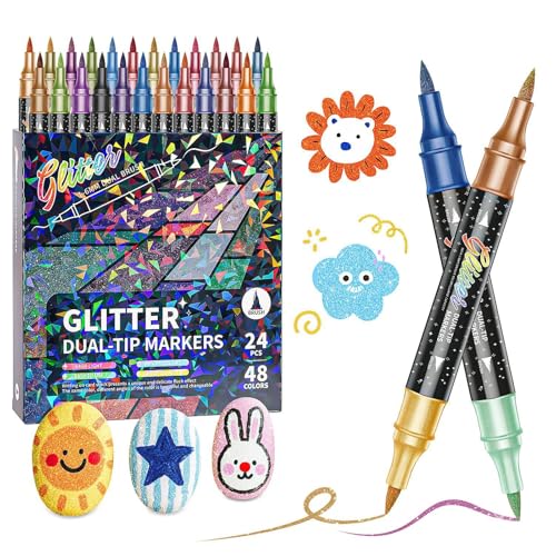 48 Colors Glitter Effect Brush Markers, Dual Tip Sparkling Art Markers, Smoothly Glide With Shimmer Effect, Quick Drying, 24 Pcs for Drawing, DIY Crafts & Writing