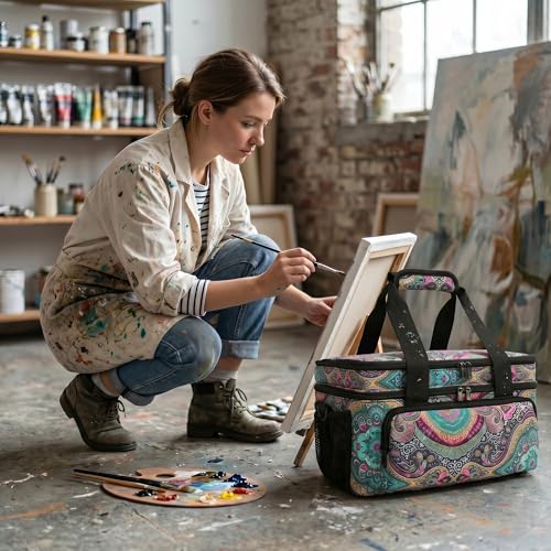 Acrylic Paint Organizer Bag, Holds 54 (2 oz) Bottles | Art Supply Storage Case with Handle and Shoulder Strap, Durable Fabric, Brush Pocket, Palette Board, Teal Paisley