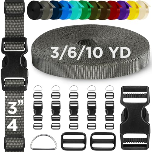 TECEUM 3/4" Nylon Strap Kit with Buckles, Charcoal 6 yards Repair Set | Heavy duty hardware kit: 6yd webbing, 6 quick release buckles, 12 tri-glide slide clips, 6 metal D-rings for crafting. - color: Charcoal, size: 3/4" - 6 yards, style: 6 Buckle - 12 Sl