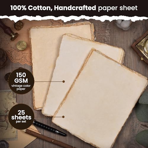 LEATHER VILLAGE Vintage Deckled Edge Watercolor Paper 25 Sheets 4x6 Inches | Handmade cotton rag paper with antique old look, 150 GSM thick for calligraphy, letter writing, invitations and ink art - color: Antique/Vintage, size: 6 X 4 Inch