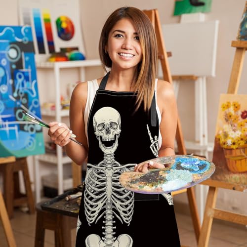 Apron with Pockets, 32x28 inch, for Women Men, Black Skull | Halloween Skeleton Rock Waterproof Adjustable Bib Aprons for Kitchen Cooking Baking Painting Gardening - color: Black Skull