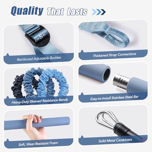 Upgraded Pilates Bar Kit with Resistance Bands Natural Latex for Women & Men, Heavy-Duty Stainless Steel Multifunctional Yoga Pilates Stick for Home Gym Exercise Fitness Equipment Full-Body Workouts - color: Denim Blue