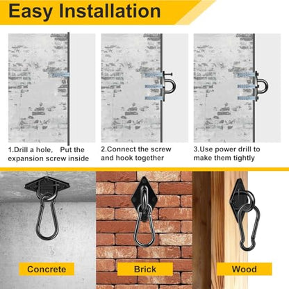 Morzejar Heavy Duty Black Hammock Hooks Screws Bolts Included, Over 1700 lb Rust-Resistant Swing Hook Hardware, M10 Hanging Kit for Porch Yoga Seat Trapeze (Indoor/Outdoor)