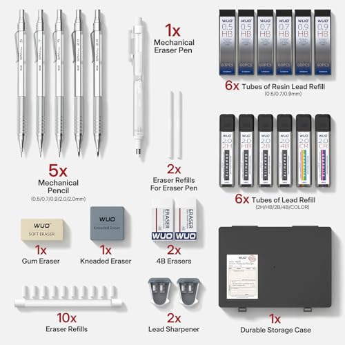 WUO Mechanical Pencil Set, 5 Pack Drafting Pencils 0.5/0.7/0.9/2.0/2.0mm | Mechanical drawing pencils, 432 lead refills, erasers/sharpeners for drafting, technical drawing, sketching, writing & art - color: Silver, size: 0.5/0.7/0.9/2.0