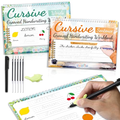 gisgfim 2 Pack Grooved Cursive Handwriting Workbook Magic Grooved Cursive Reusable Handwriting Practice Tracing with Disappearing Ink Pens for Kids Learning Activities Supplies (Words&Sentence) - style: Vocabulary+Sentence