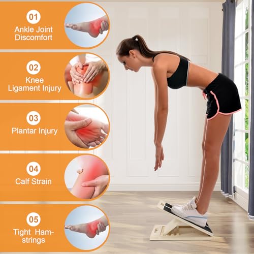 Adjustable Slant Board for Calf Stretching, Wood Incline Calf Stretcher and Squat Wedge 5-Level Incline (20°-45°) for Exercise, Physical Therapy and Ankle Mobility,Knees, Feet, Achilles Support