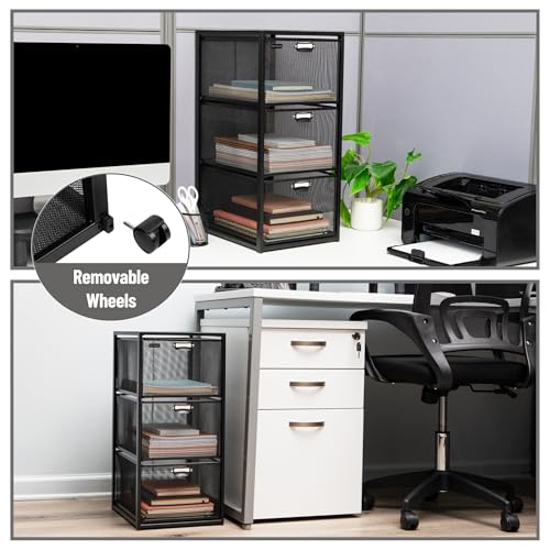 Mind Reader Office Storage Organizer with Mesh Drawers Label Holders and Optional Wheels, Metal Mesh, Black - size: 3-Drawers
