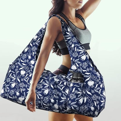 Large Yoga Mat Bag Yoga Bags and Carriers Fits All You Stuff Yoga Tote Bag with Yoga Mat Strap, Elastic Pockets and Zipper Pockets - color: dark blue white