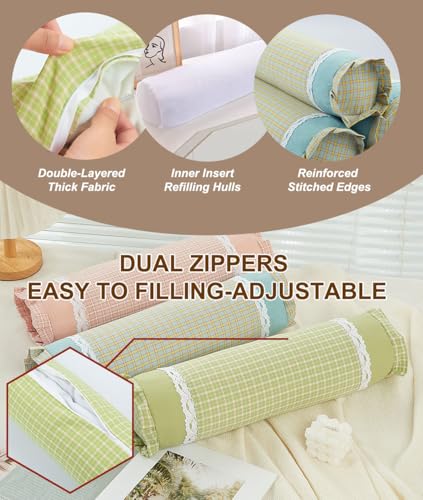 Buckwheat Neck Roll Pillow, Adjustable Bolster Cylinder Pillows with Plaid & Lace Trim Pillowcase, Firm Cervical Support Round Pillows Neck Pain Relief for Sleeping (16"x4",Blue) - color: Blue