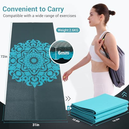 Avoalre Folding Yoga Mat, 72"x 32"x 0.24" Extra Wide Non-Slip Exercise Fitness Yoga Mats, Eco-Friendly High Density 6mm Thick Print Pilates Mat with Carrying Bag for Women Men Home Workout