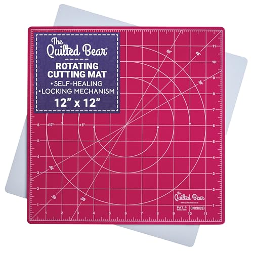 The Quilted Bear 12" x 12" Rotating Self-Healing Cutting Mat, Pink | Square Mat, 360° Rotation, Locking Mechanism, 5-Layer Surface, Non-Slip Base, Clear Inch Grid & Angle Guides for Quilting - color: Pink, size: 12"L x 12"W