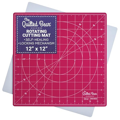The Quilted Bear 12" x 12" Rotating Self-Healing Cutting Mat, Pink | Square Mat, 360° Rotation, Locking Mechanism, 5-Layer Surface, Non-Slip Base, Clear Inch Grid & Angle Guides for Quilting - color: Pink, size: 12"L x 12"W