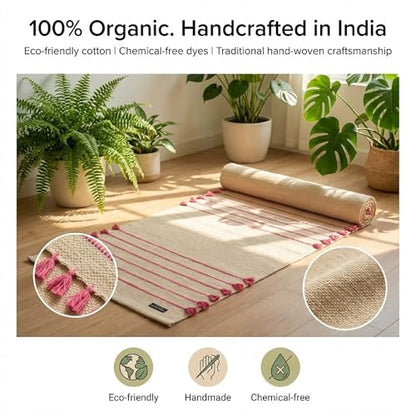 Indian Handmade100 % Organic Anti Skid Multi Colour Cotton Yoga Mat - Eco-Friendly Hand-Woven Rug - Non-Slip & Thick (24”x72”x5mm) for Hot yoga & Everyday Fitness at Home - Comfortable & Foldable Extra-Long Mat - color: Multi 14