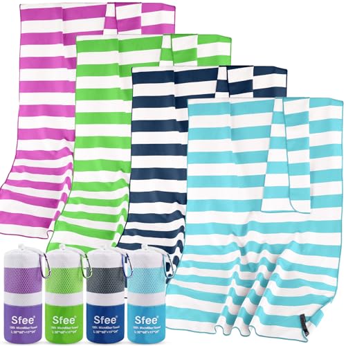Sfee 4 Pack(8Pcs) Microfiber Travel Towel, Beach Towel Quick Dry Towel Camping Towel Super Absorbent Compact Lightweight Sports Gym Towels for Beach, Gym, Hiking, Pool, Backpacking, Bath, Yoga - color: Navy Blue+green+mint+purple, size: L 60"x30"+24"x15"