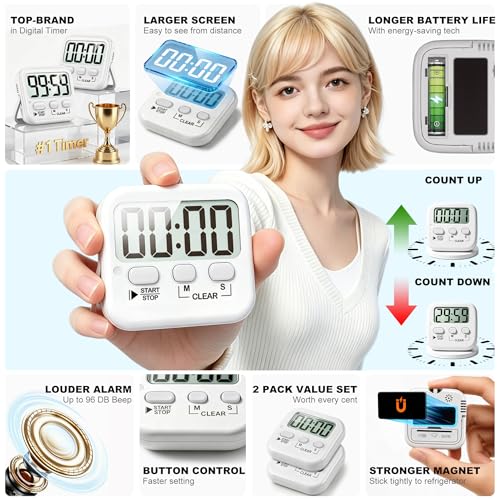 Antonki 2 Pack Digital Timer for Kids Classroom Kitchen Timers for Cooking | w/ Battery, Easy to View, Alarm, Mute Mode, Count Down/Up, Magnetic, Kickstand, Hanging, Classroom Timer for Teacher Supplies - color: Pure White *2