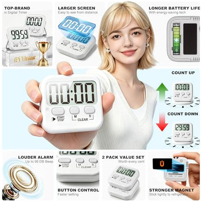 Antonki 2 Pack Digital Timer for Kids Classroom Kitchen Timers for Cooking | w/ Battery, Easy to View, Alarm, Mute Mode, Count Down/Up, Magnetic, Kickstand, Hanging, Classroom Timer for Teacher Supplies - color: Pure White *2
