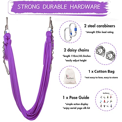 5.5 Yards Aerial Silks Yoga Swing Set - Aerial Yoga Hammock Kit Anti-Gravity Flying for Fitness, Low/Non Stretch Nylon Tricot Fabric Hardware Included for Dance - color: VIOLET