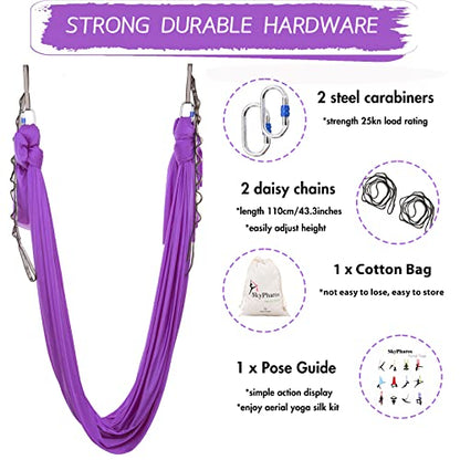 5.5 Yards Aerial Silks Yoga Swing Set - Aerial Yoga Hammock Kit Anti-Gravity Flying for Fitness, Low/Non Stretch Nylon Tricot Fabric Hardware Included for Dance - color: VIOLET