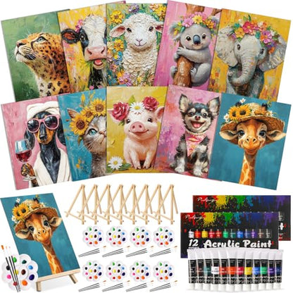 Ctosree 72 Pcs Flower Animal Paint and Sip Kit for Adults 8'' x 10'' Pre Drawn Canvas for Painting DIY Pre Printed Canvas for Party Favor Acrylic Painting Kit Wood Easel Brushes Date Night Bulk - style: Flower Animal