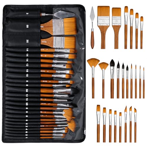 DJAR 25 Pcs Multi-Shape Nylon Paint Brush Set with Cloth Roll Bag | Professional Art Supplies for Acrylic, Oil, Watercolor & Gouache Painting, Craft Brush Kit for Beginners, Students and Adults